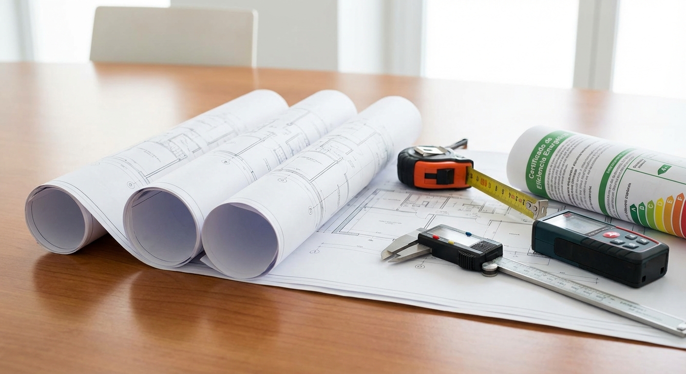 Architect blueprints on table with measuring tools