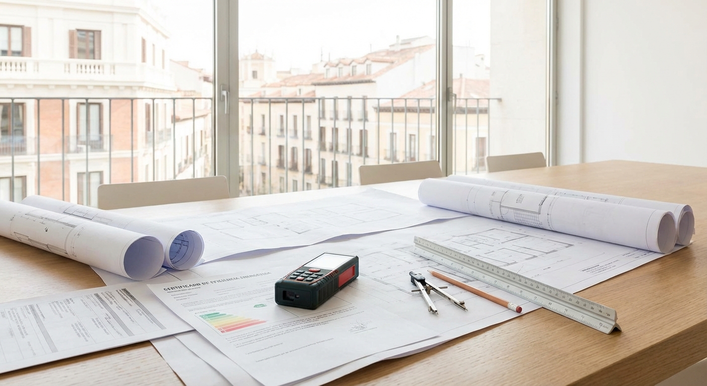 Architect blueprints on table with measuring tools