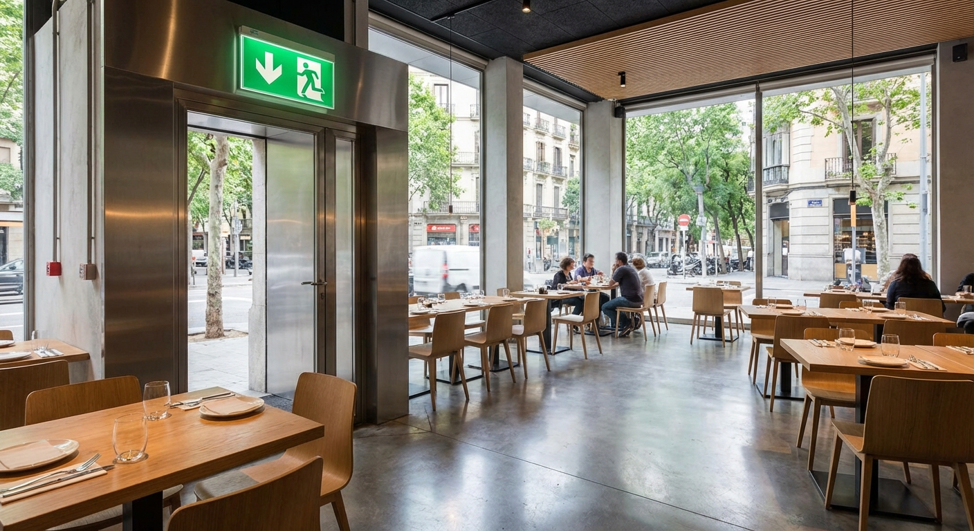 Emergency exit sign in a modern restaurant