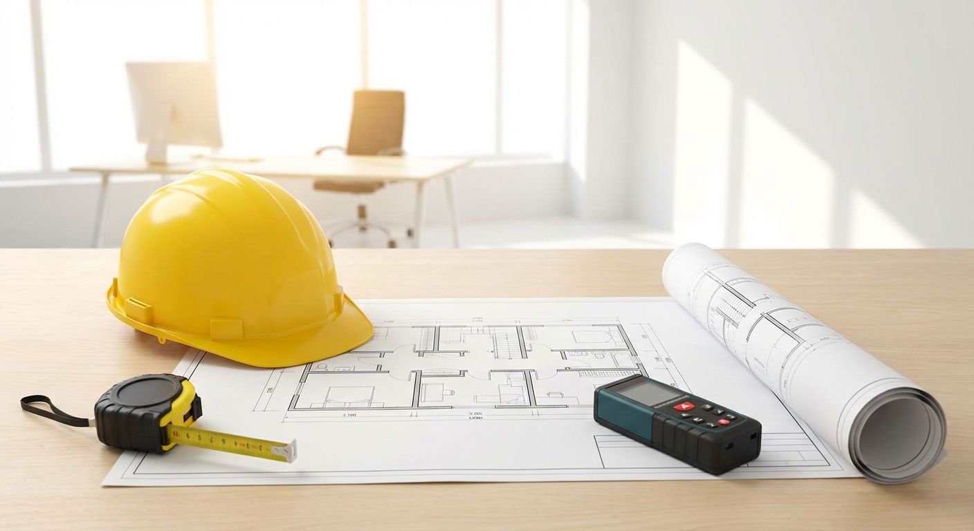 Architect blueprints on table with measuring tools and safety helmet
