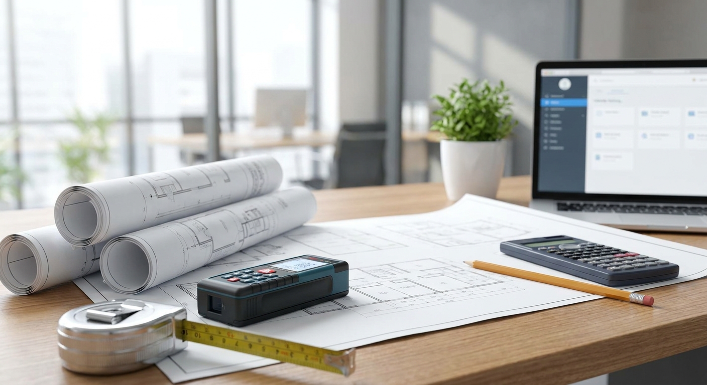 Architect blueprints on table with measuring tools