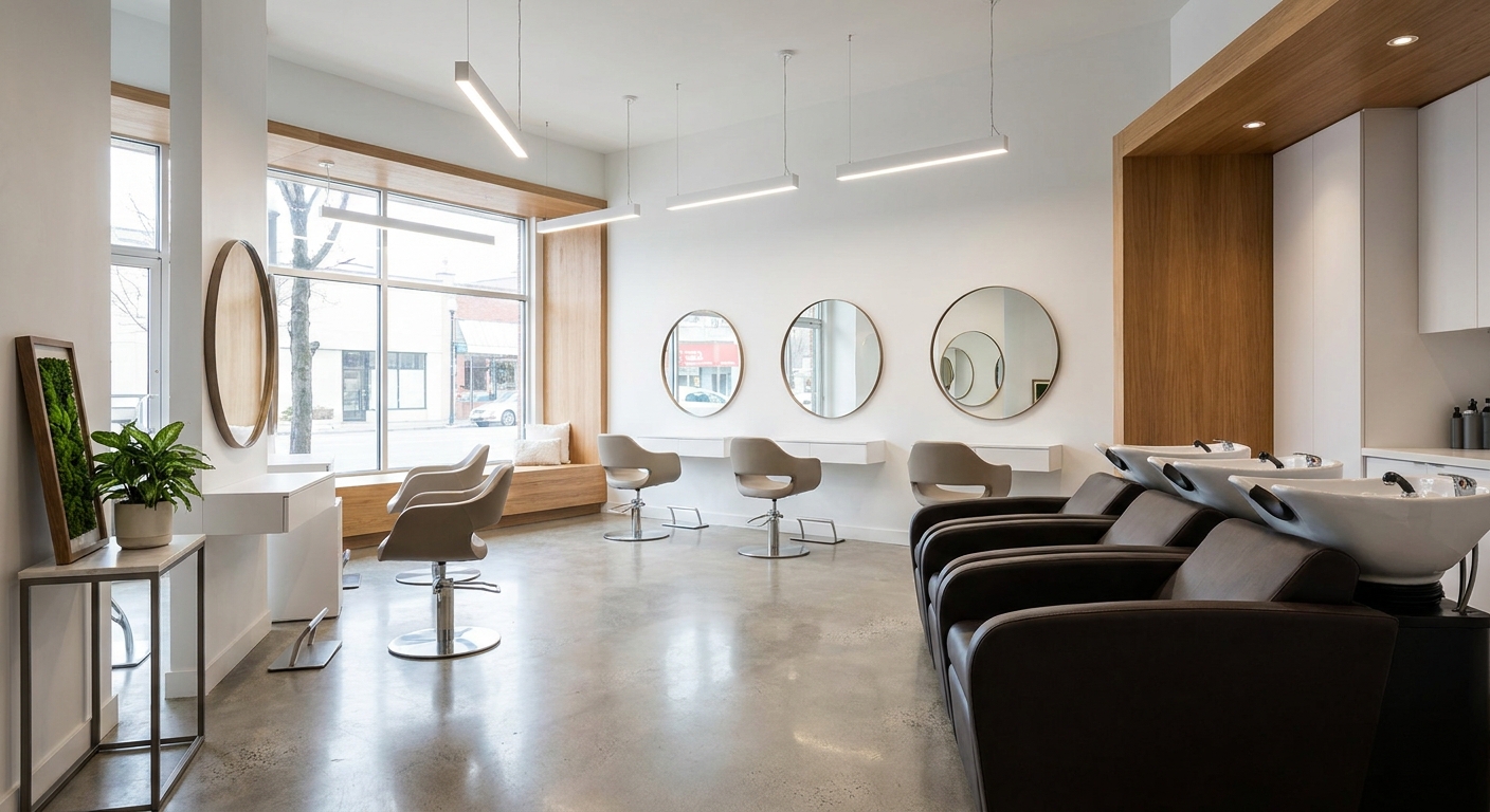 modern hair salon interior with mirrors and washing stations