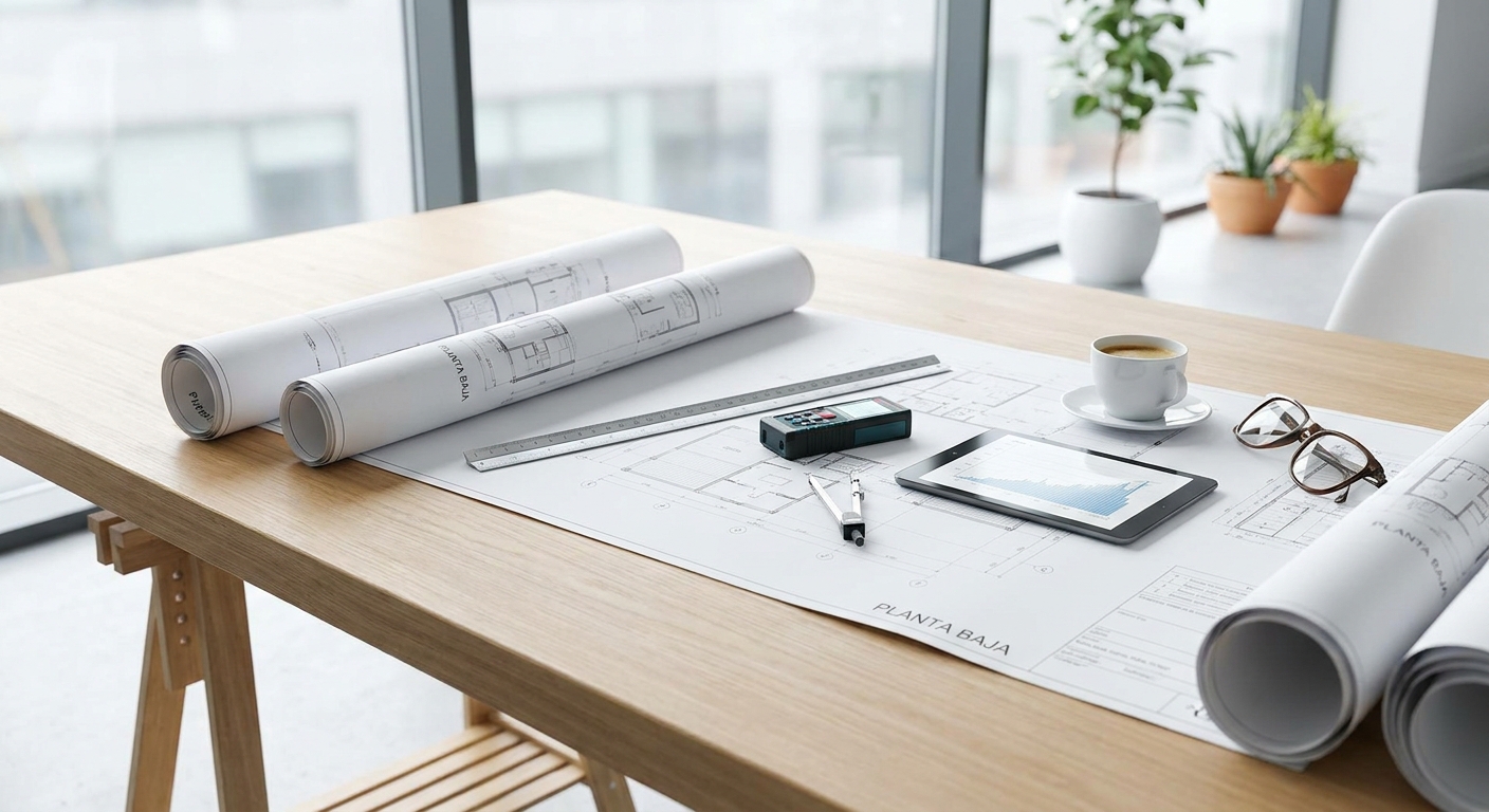 architect blueprints on table with measuring tools