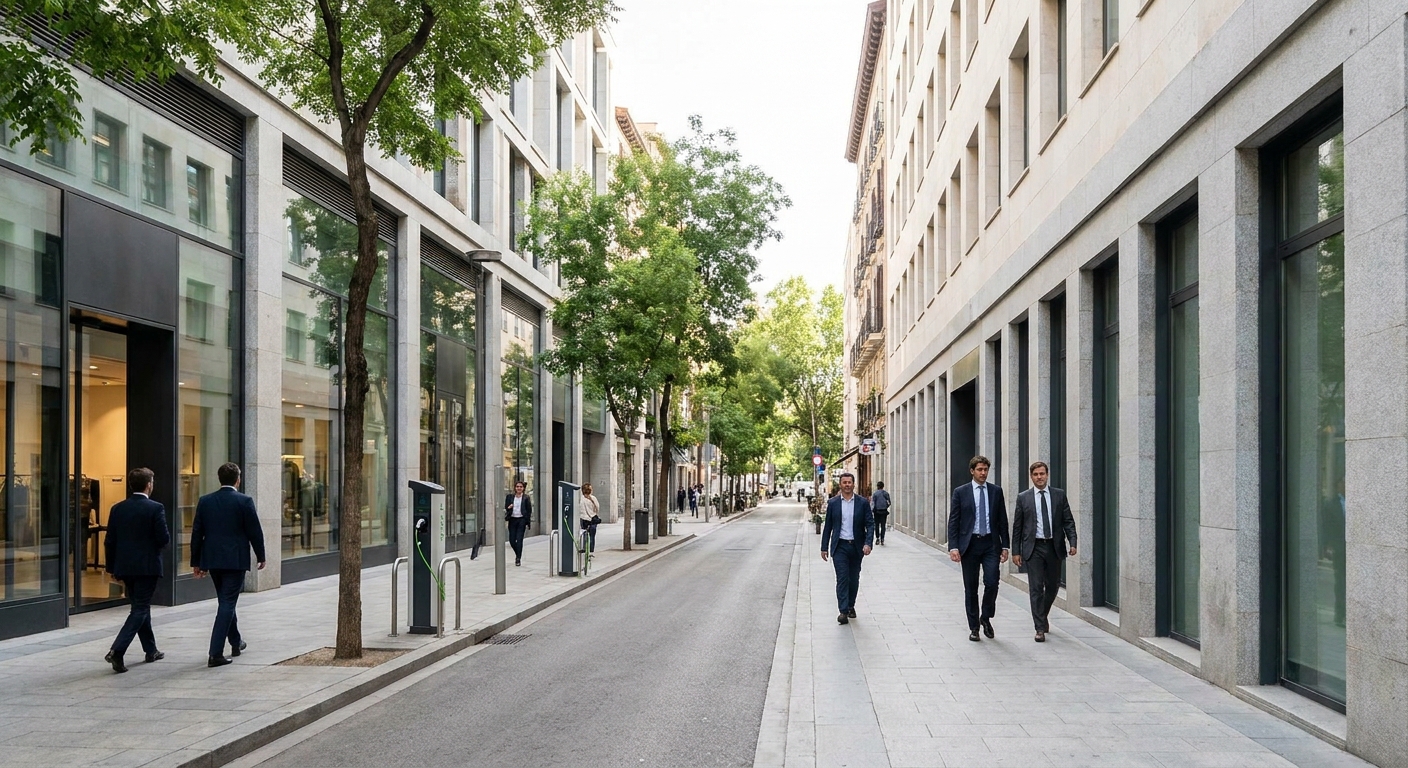 Madrid street view with commercial storefronts