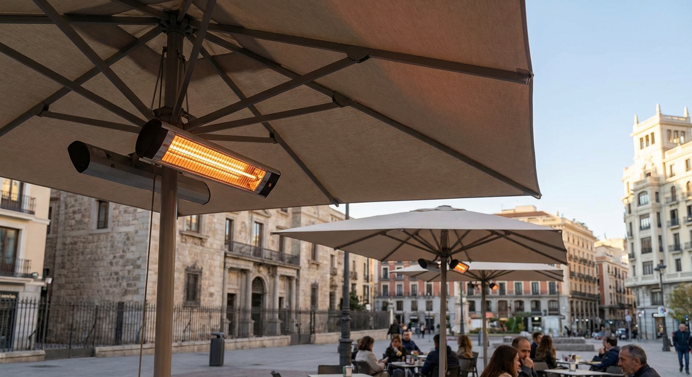 Electric infrared heater installed on an outdoor cafe umbrella in Madrid