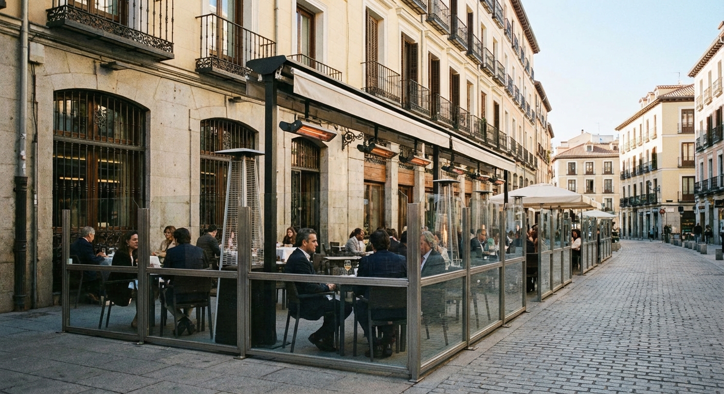 Madrid outdoor restaurant terrace with electric heaters and glass windbreaks