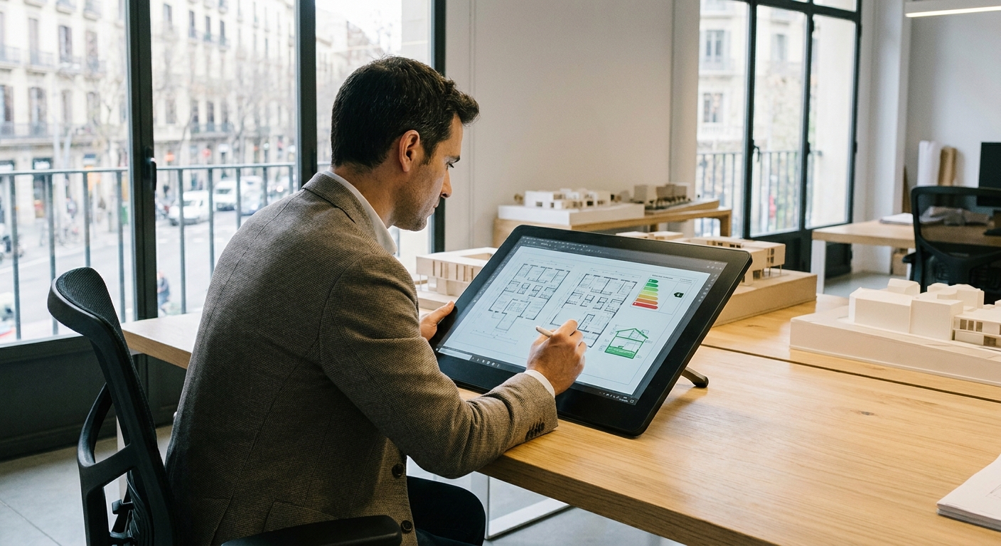 Architect reviewing building plans on a digital tablet