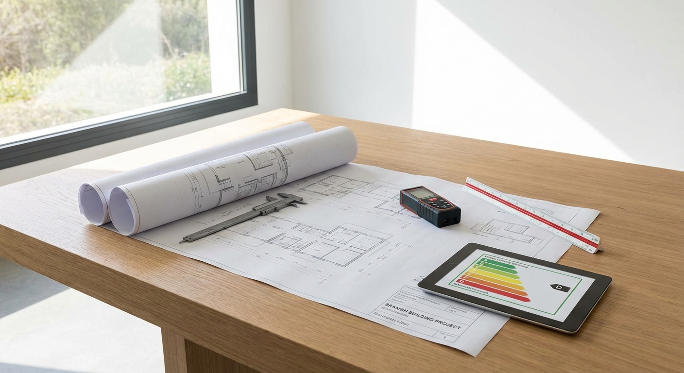 architect blueprints on table with measuring tools