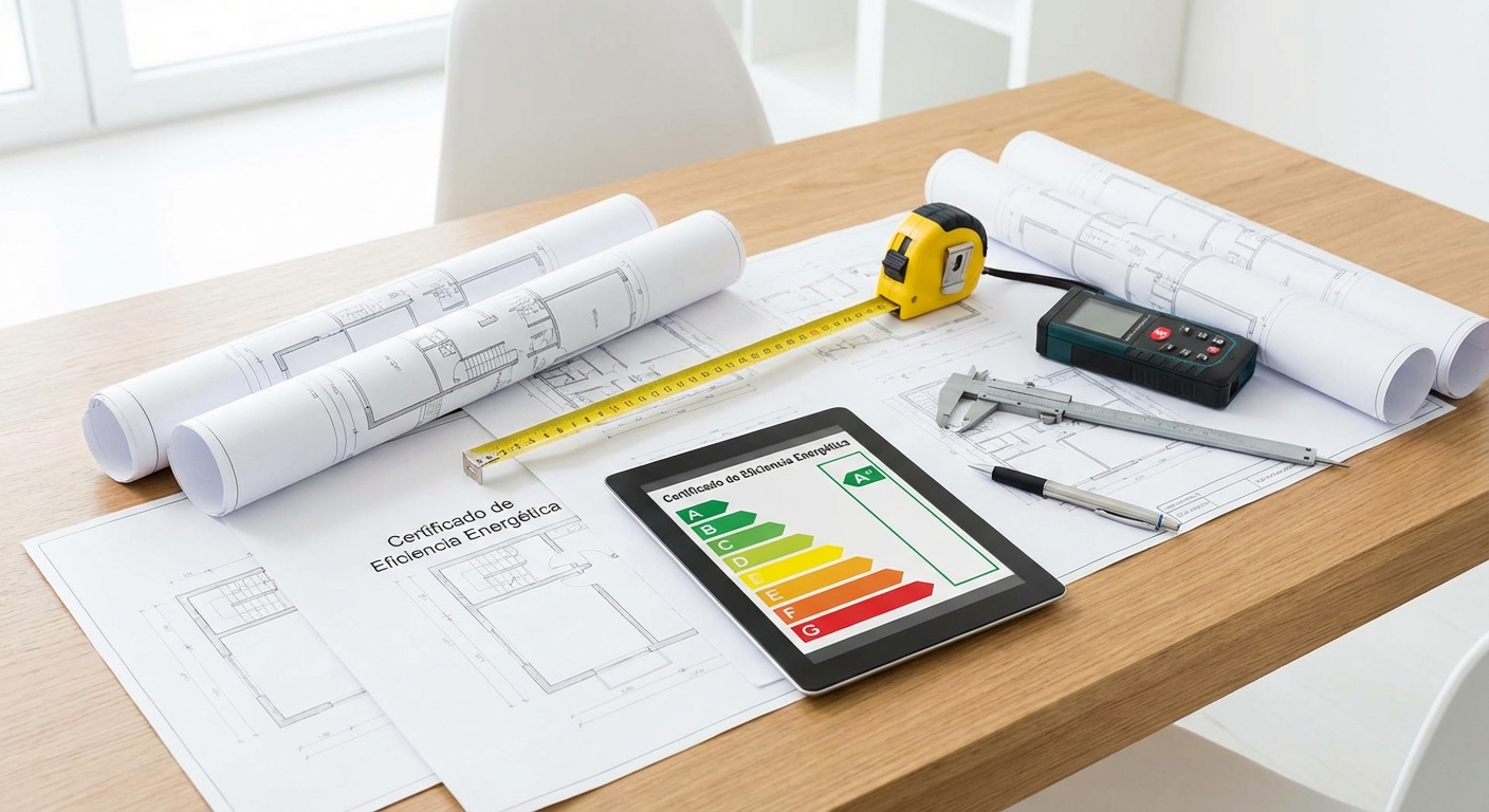 architect blueprints on table with measuring tools