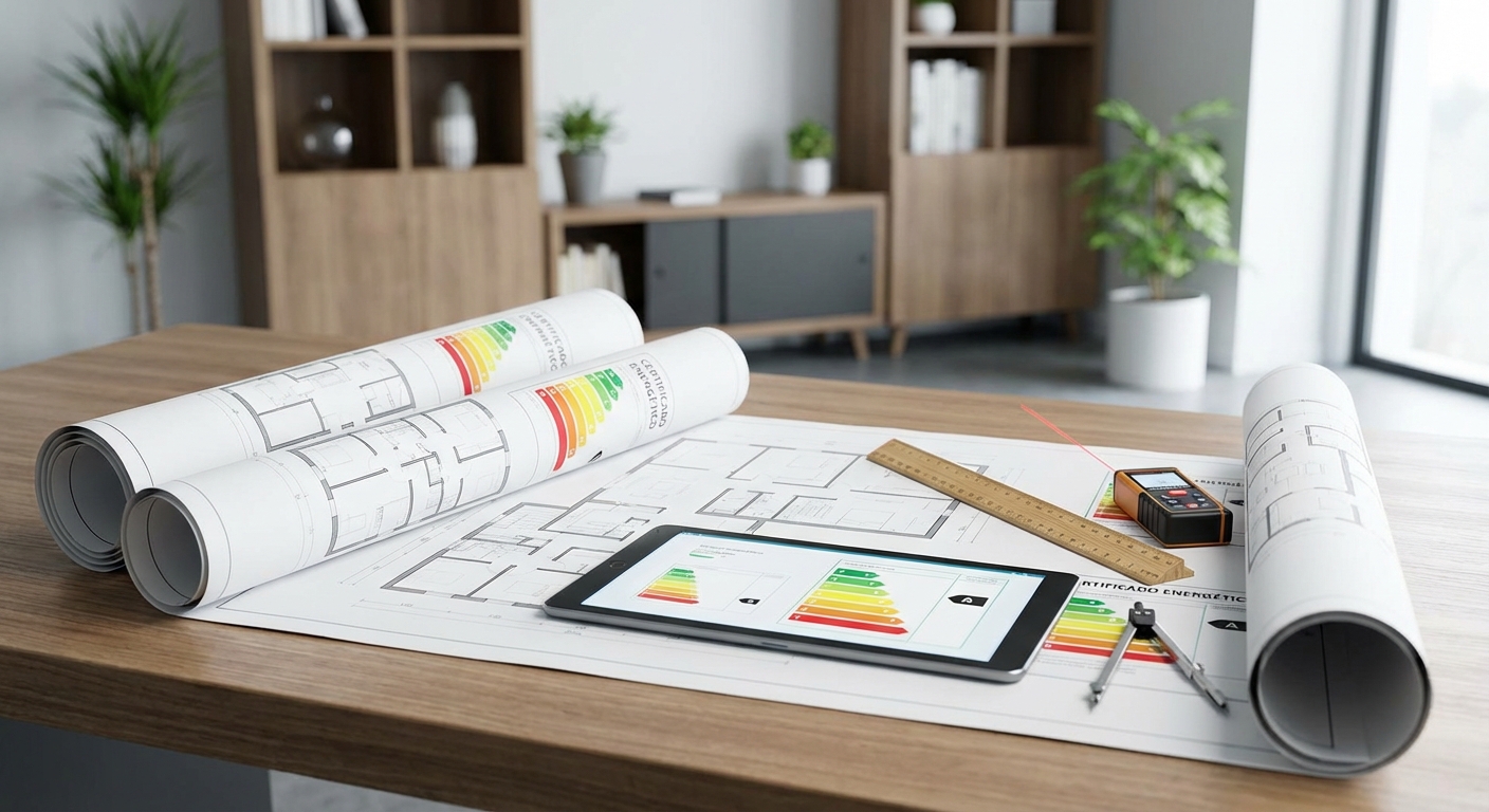 architect blueprints on table with measuring tools