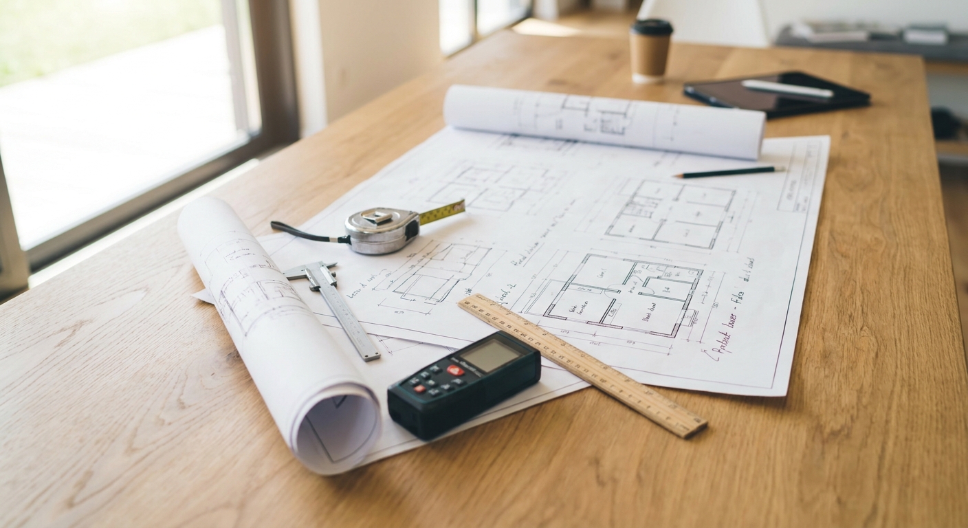 architect blueprints on table with measuring tools