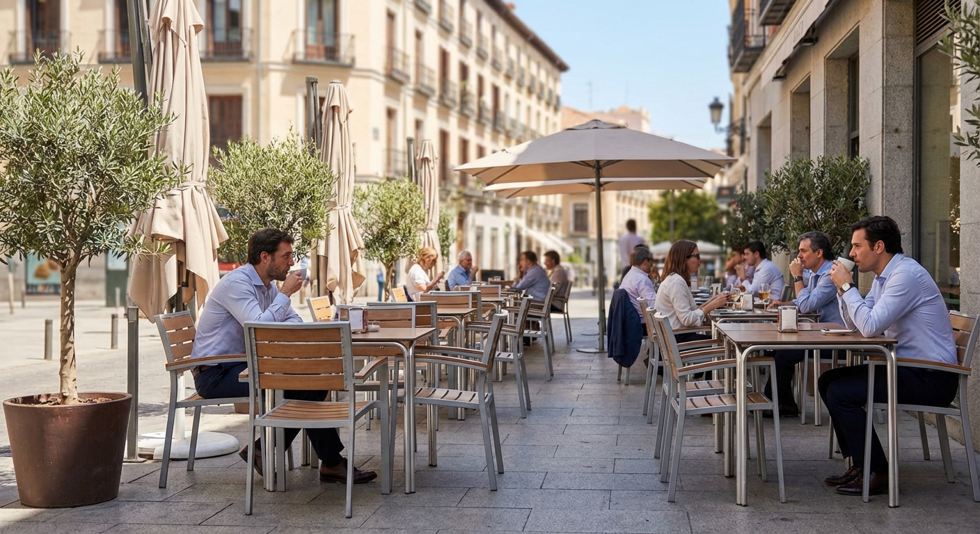 Madrid outdoor bar terrace with tables and chairs sunny day