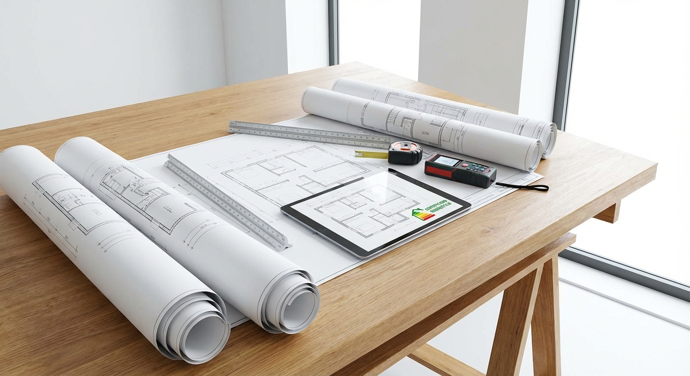 architect blueprints on table with measuring tools