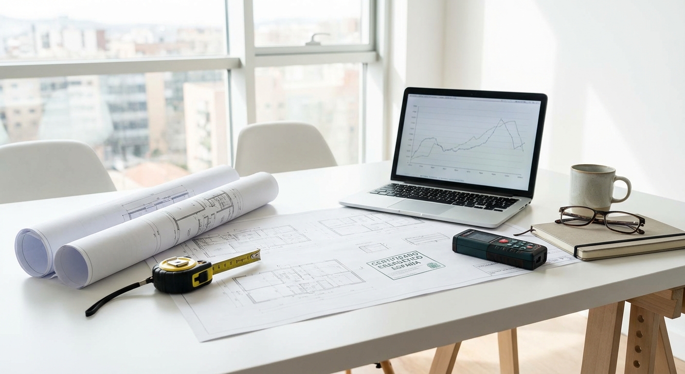 Architect blueprints on table with measuring tools and laptop