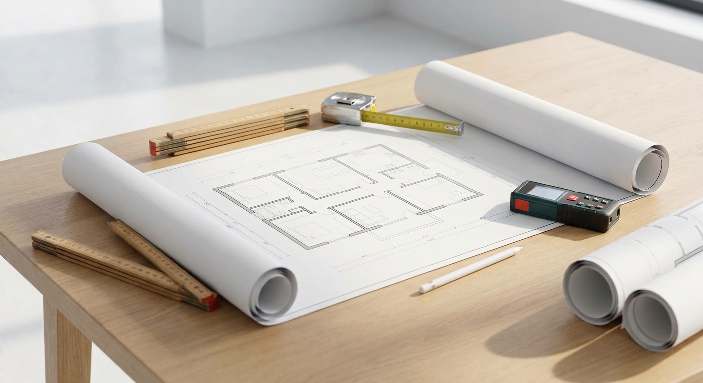 Architect blueprints on table with measuring tools