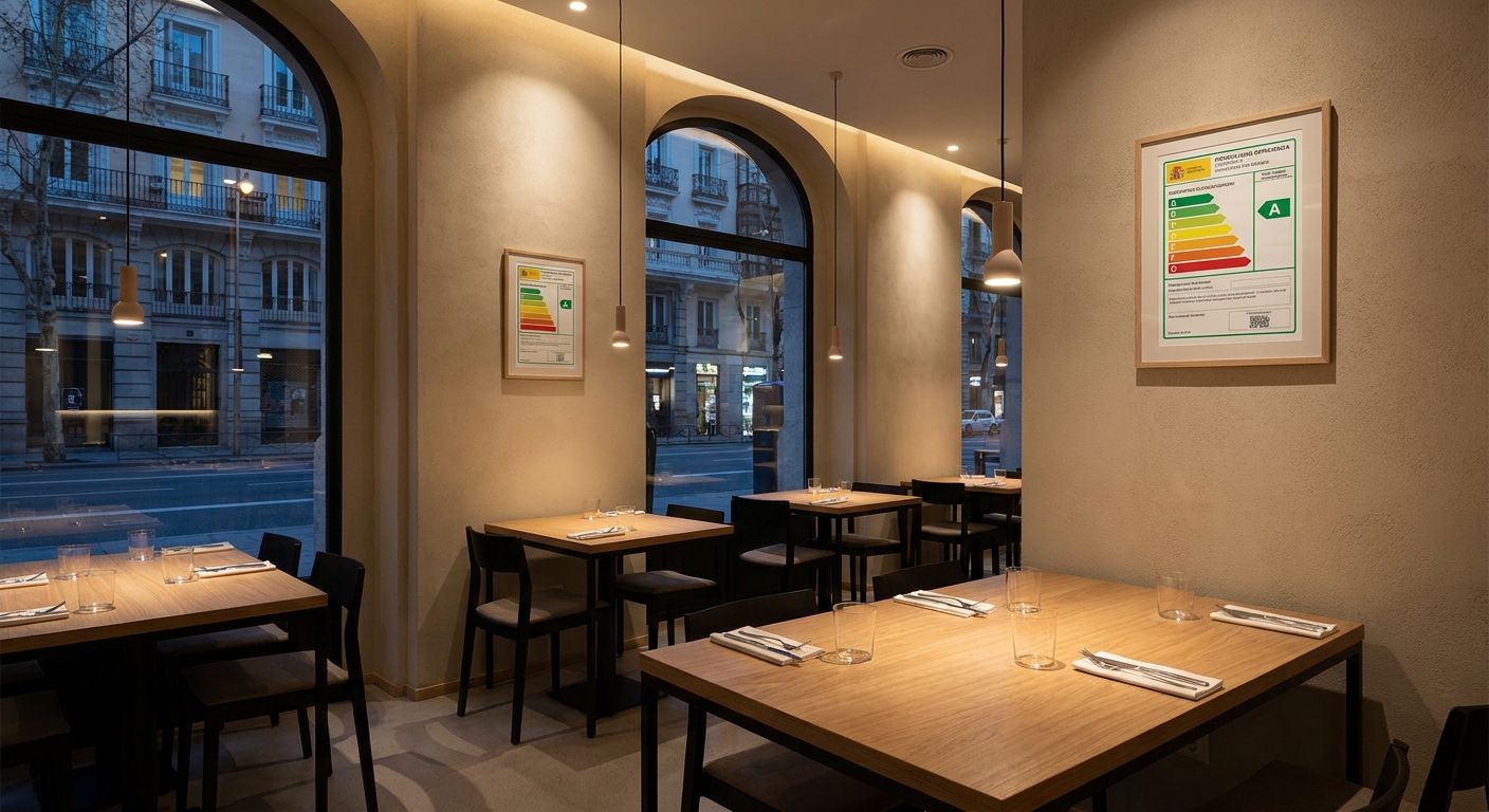 Modern restaurant interior in Madrid with dining tables and warm lighting