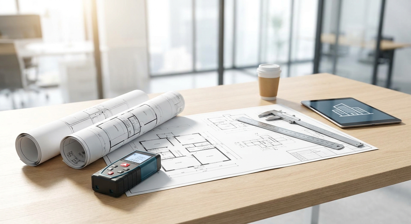 architect blueprints on table with measuring tools