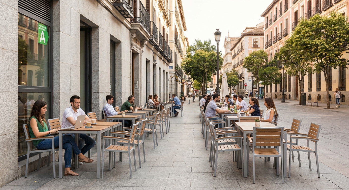 Madrid outdoor cafe terrace with tables and chairs on a sunny pedestrian street