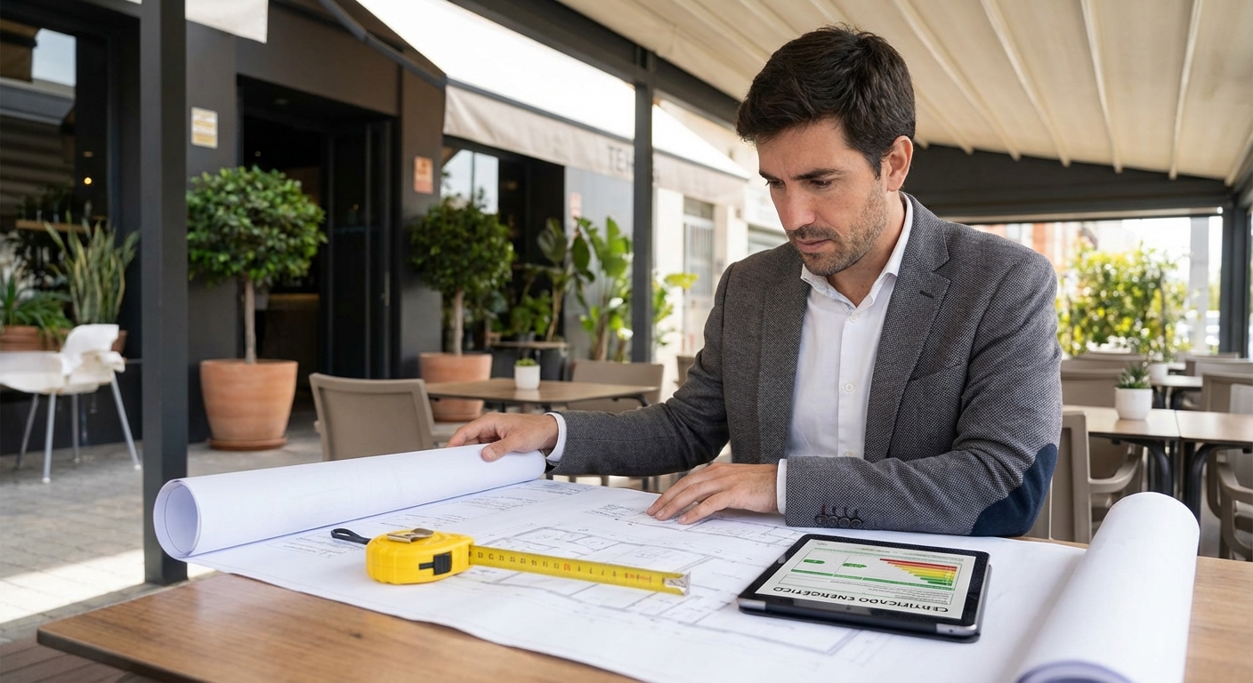 Architect reviewing blueprints for restaurant terrace layout with measuring tape