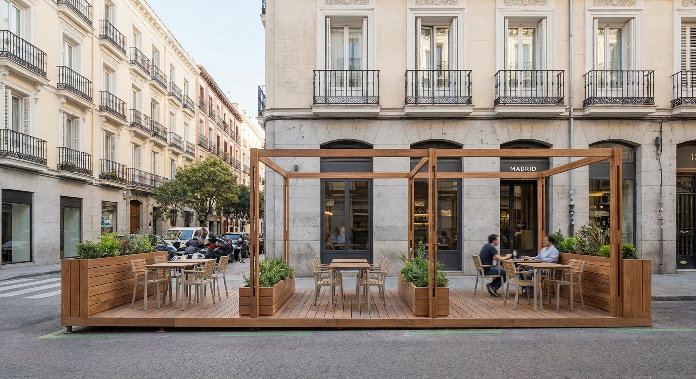Street view of a restaurant terrace installed on a parking lane in Madrid with wooden platform