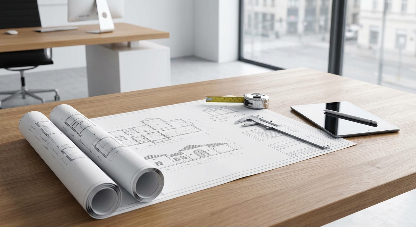 architect blueprints on table with measuring tools