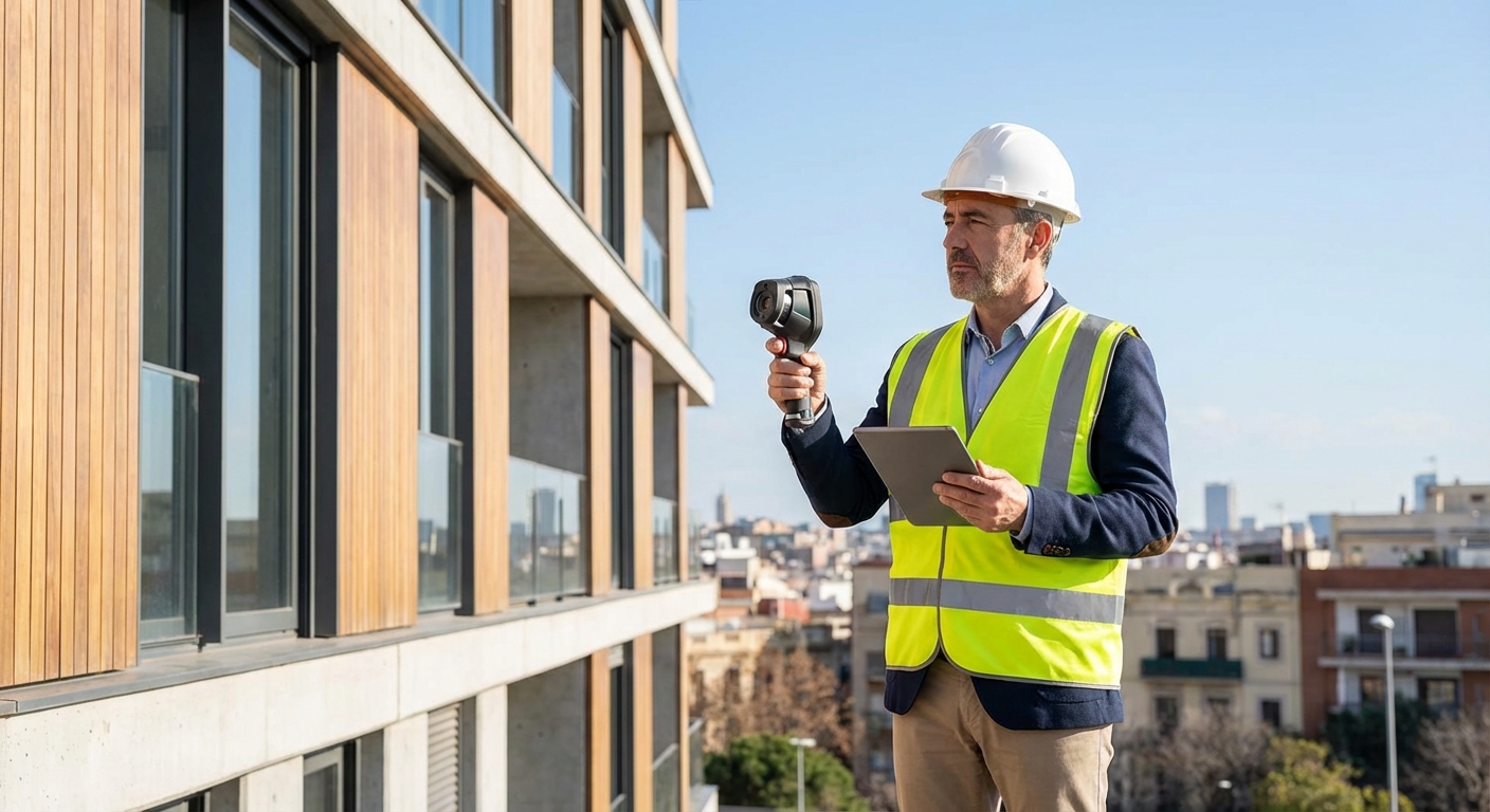 architect inspecting building facade