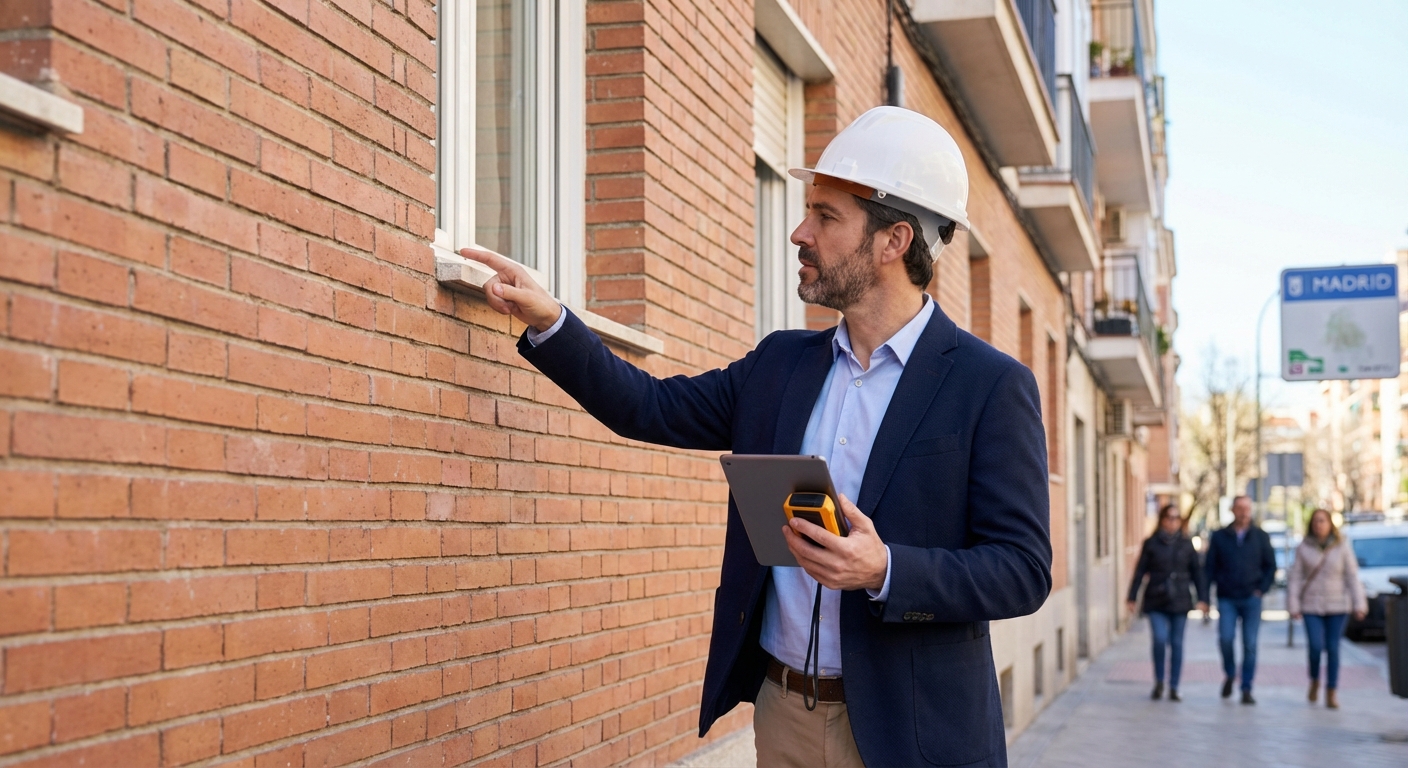 Architect inspecting a brick building facade in Madrid