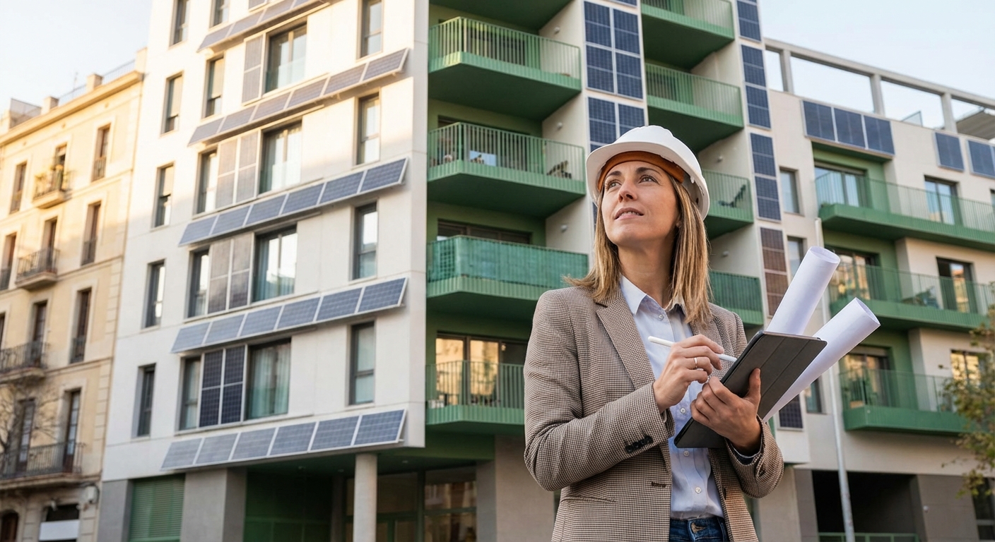Architect holding blueprints and tablet examining building structure