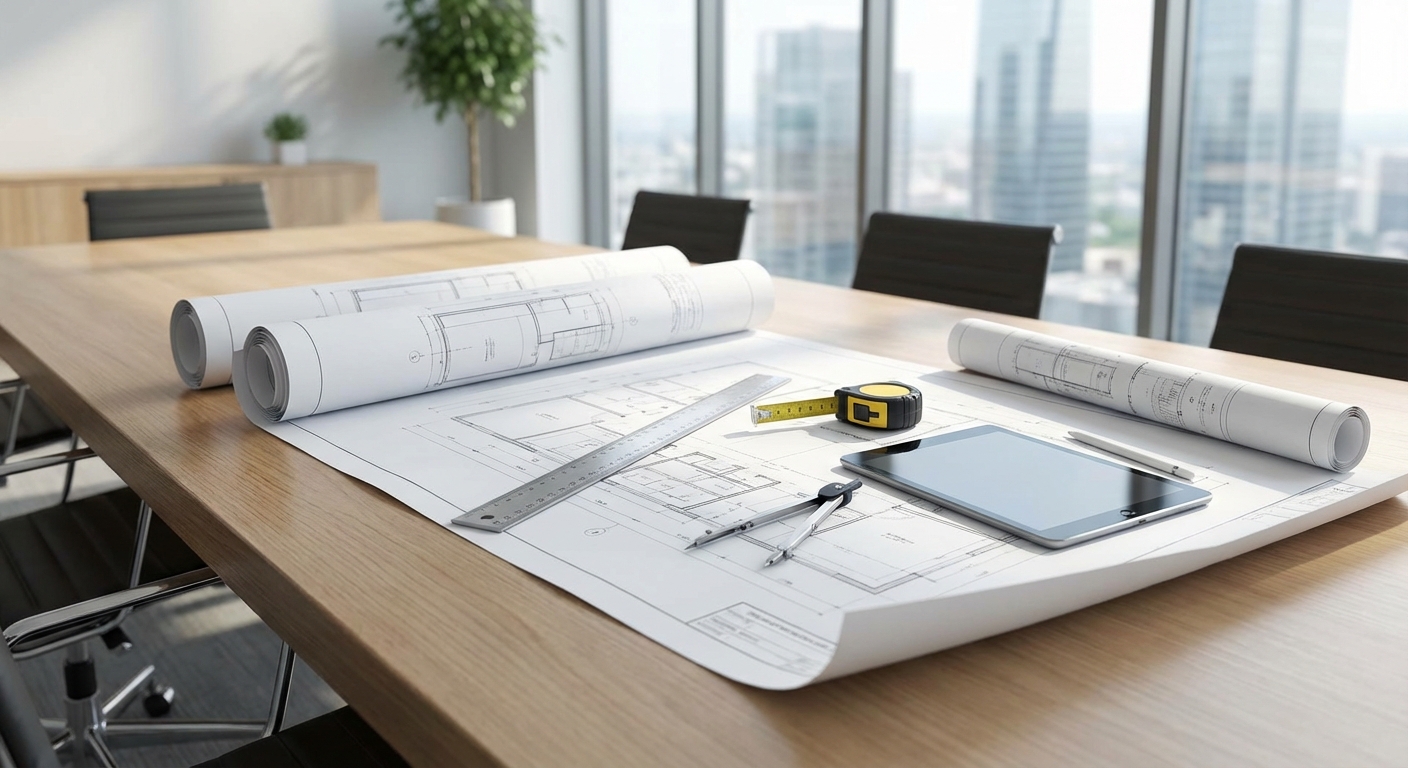 architect blueprints on table with measuring tools