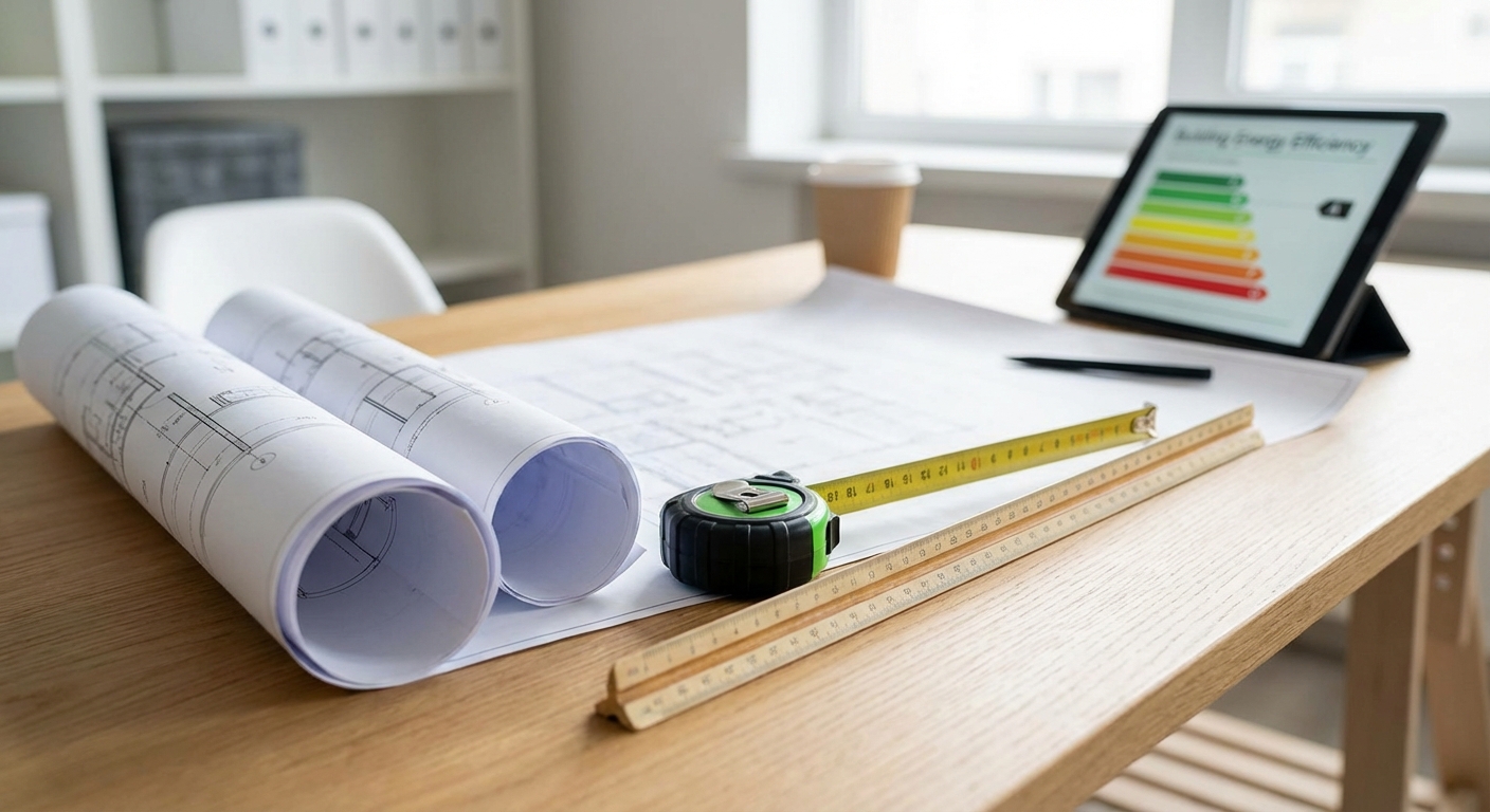 architect blueprints on table with measuring tools