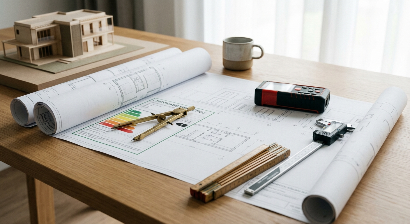 architect blueprints on table with measuring tools