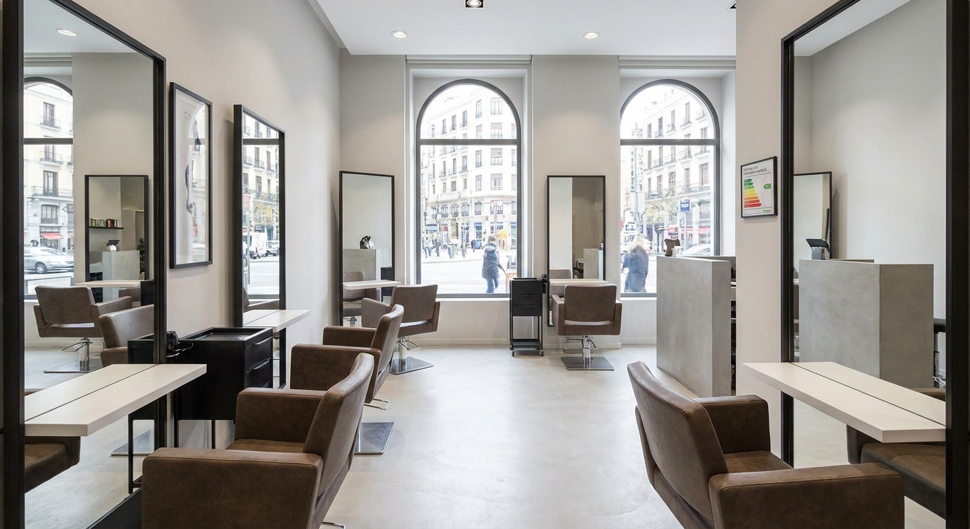 modern hair salon interior in Madrid with mirrors and styling chairs