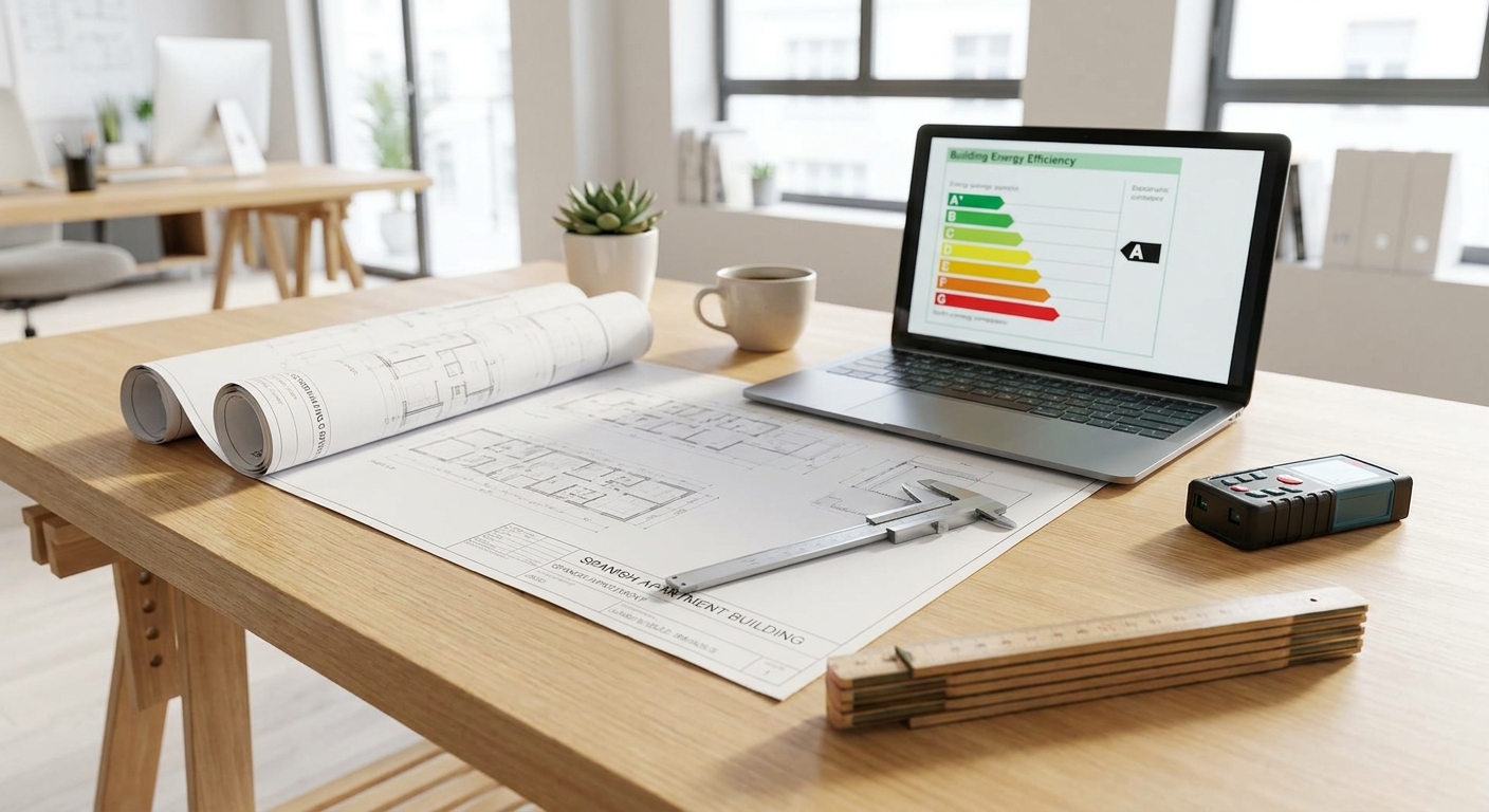 architect blueprints on table with measuring tools and laptop