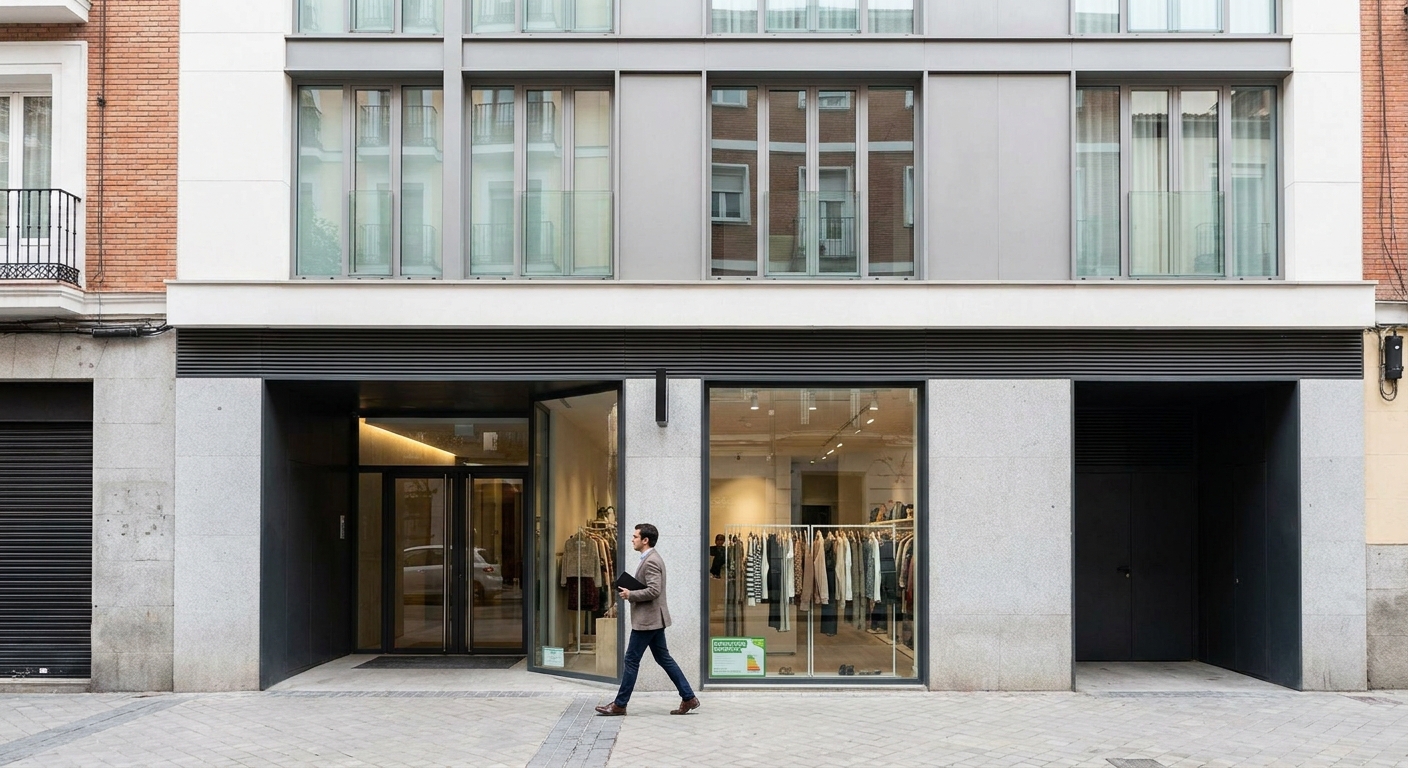 Madrid building facade with commercial ground floor shop