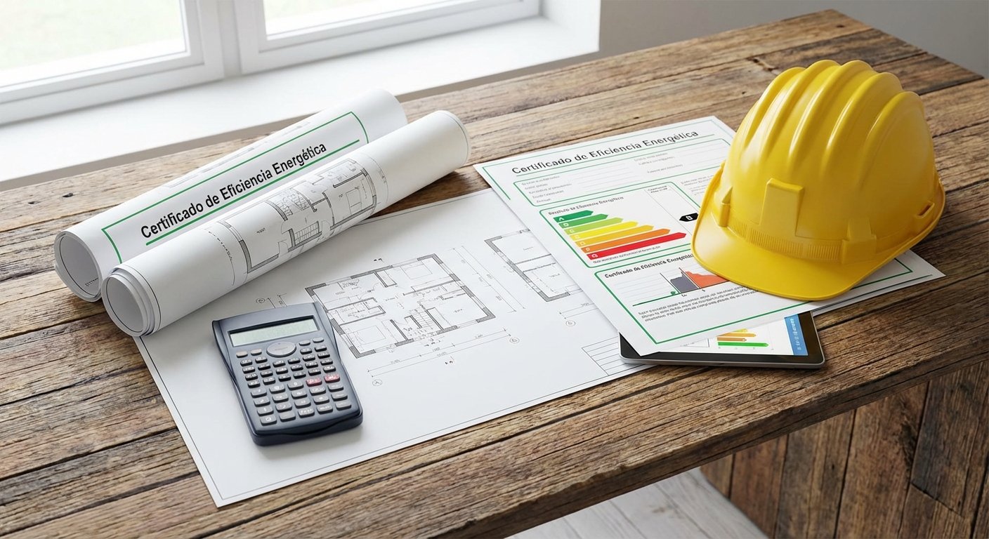 Blueprint documents, a calculator, and a hard hat on a wooden desk