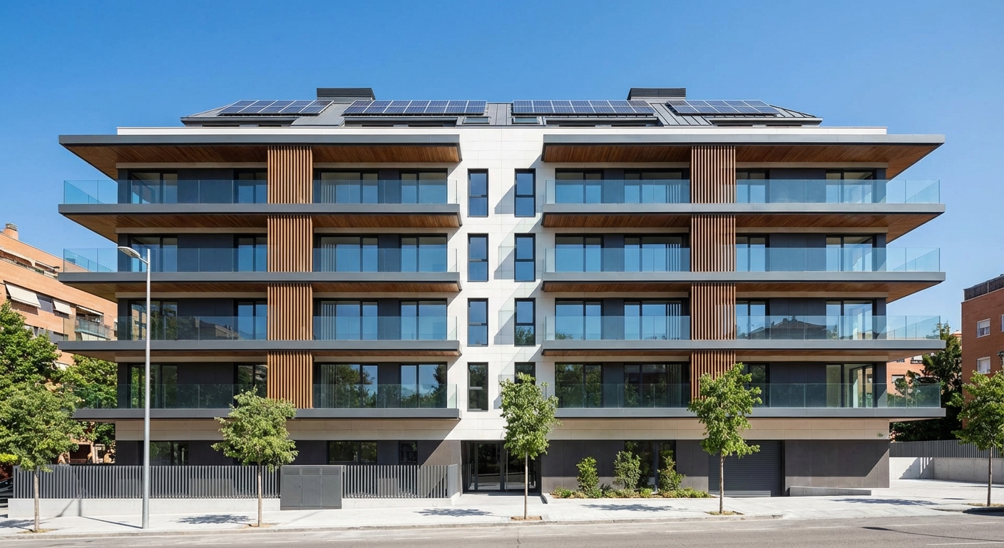 Modern residential building facade in Madrid with balconies and clear sky