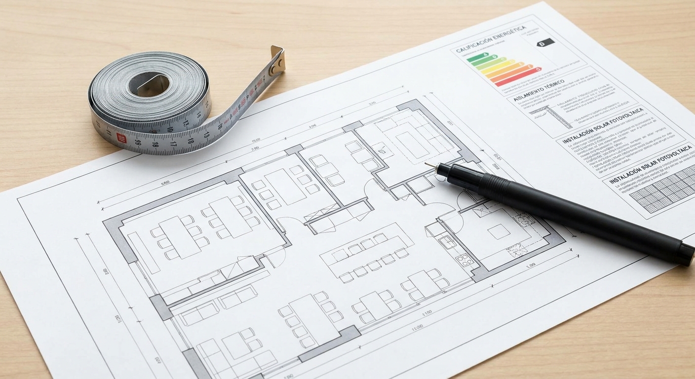 Architectural blueprints of a restaurant layout with a measuring tape and pen on top