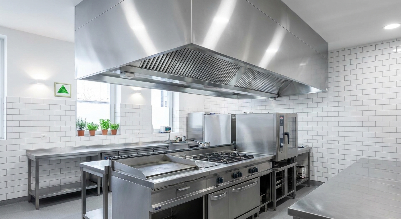 Commercial kitchen interior with stainless steel exhaust hood and cooking equipment
