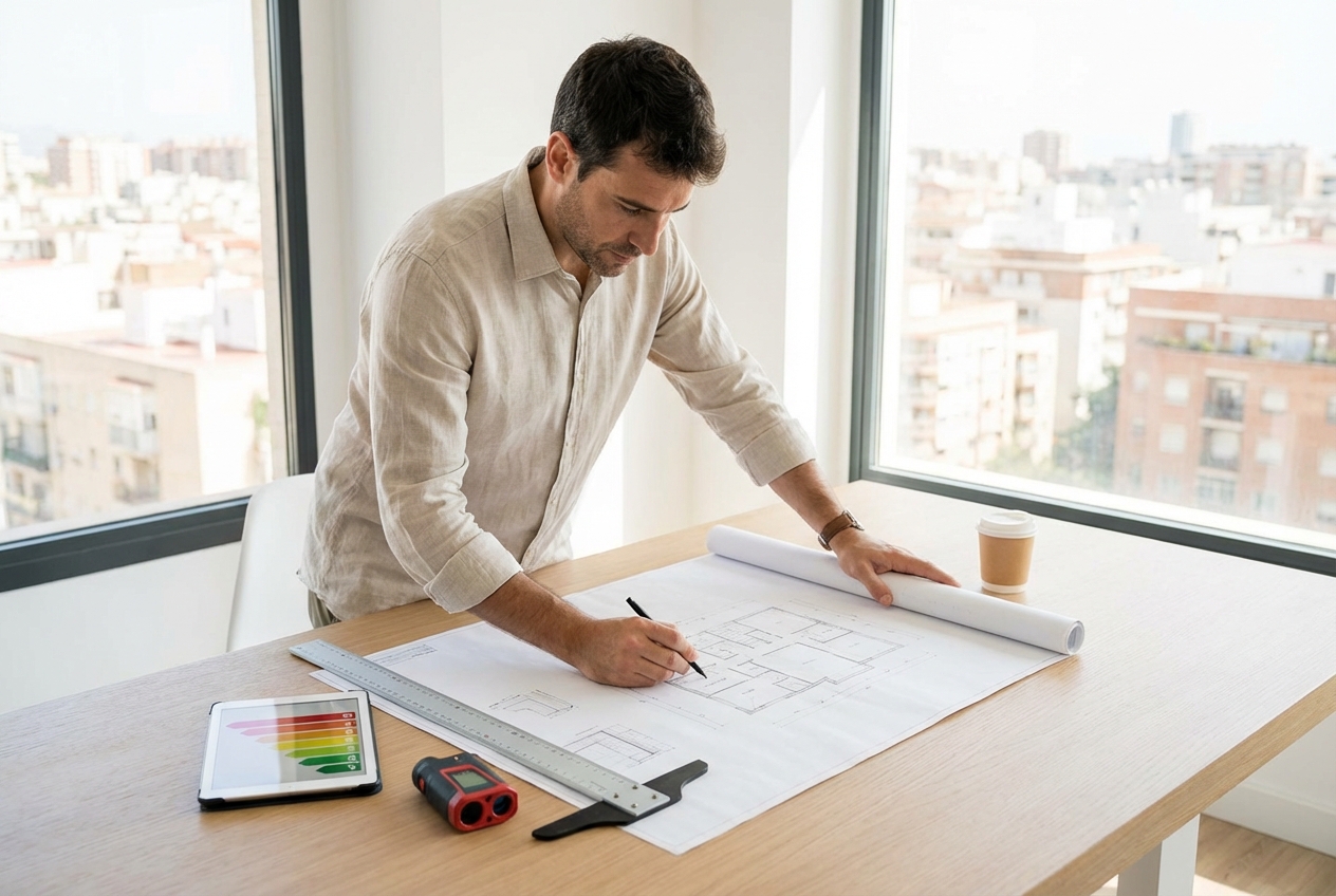 Architect drafting blueprints on a modern desk with measuring tools