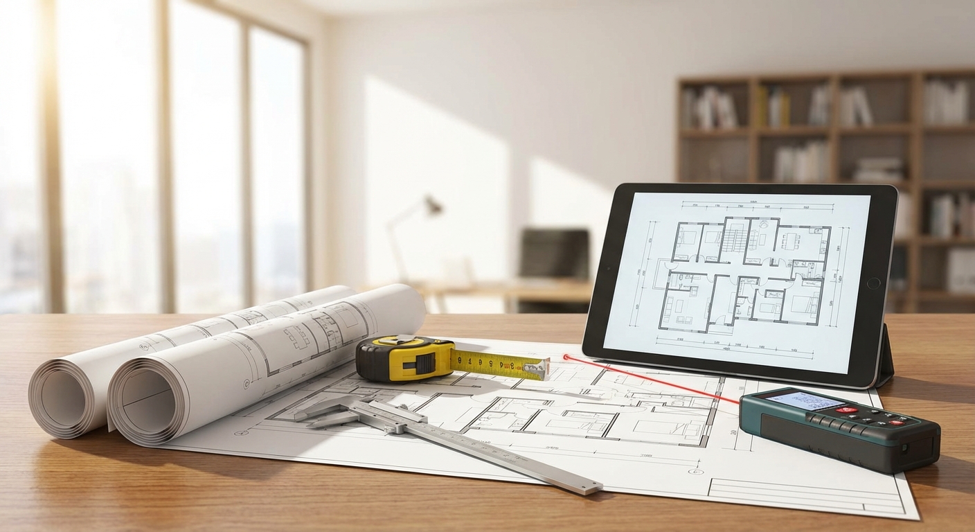 architect blueprints on table with measuring tools