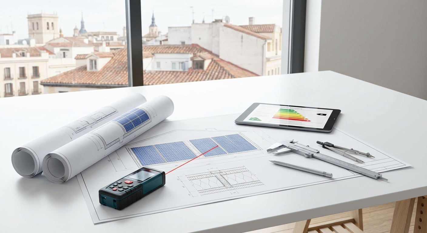 architect blueprints on table with measuring tools