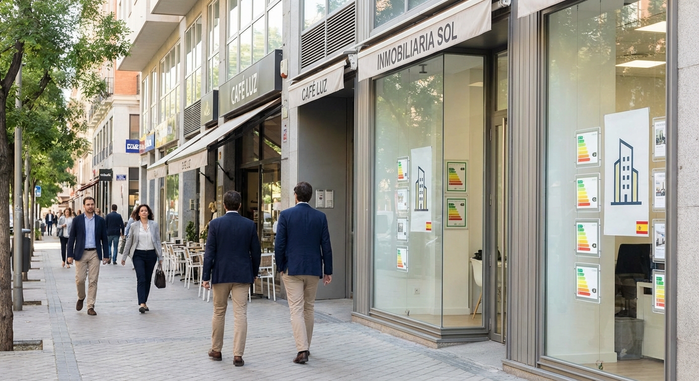 Madrid commercial street with various local businesses