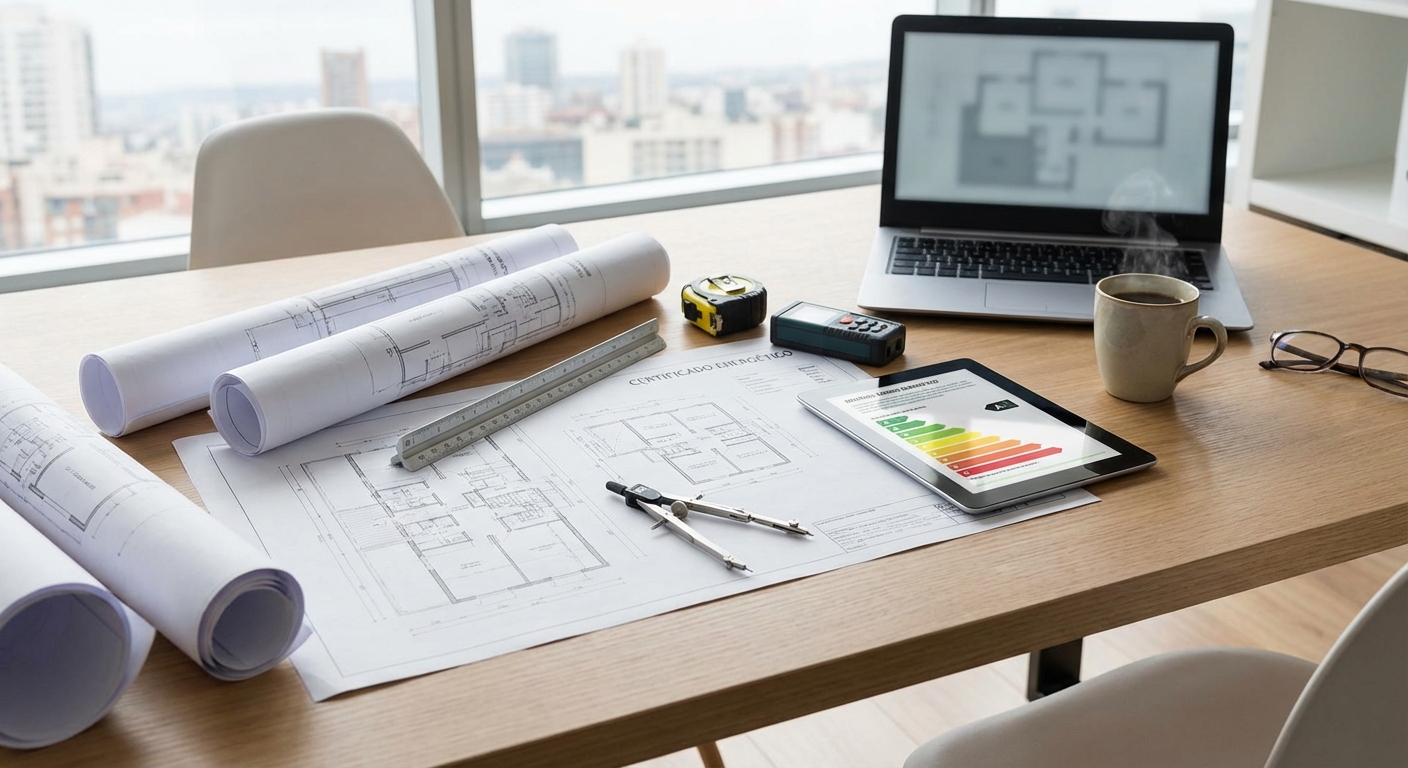 architect blueprints on table with measuring tools