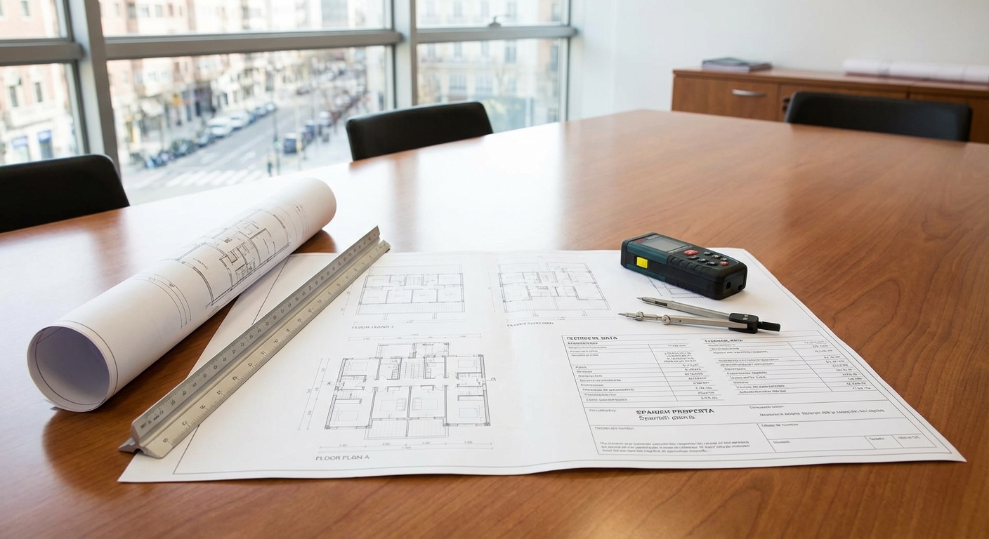 architect blueprints on table with measuring tools