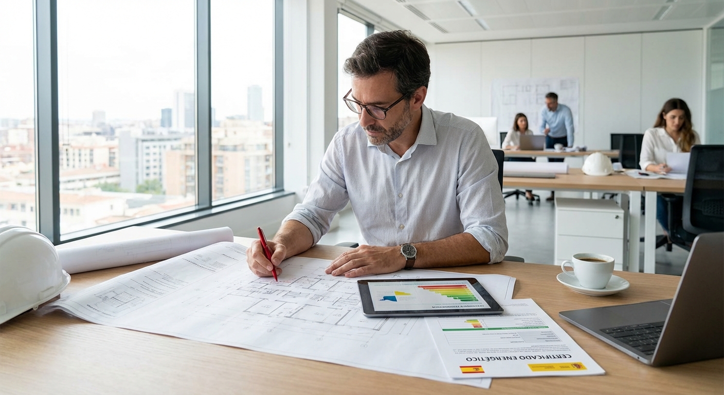 Architect reviewing technical blueprints on a desk with a red pen marking errors