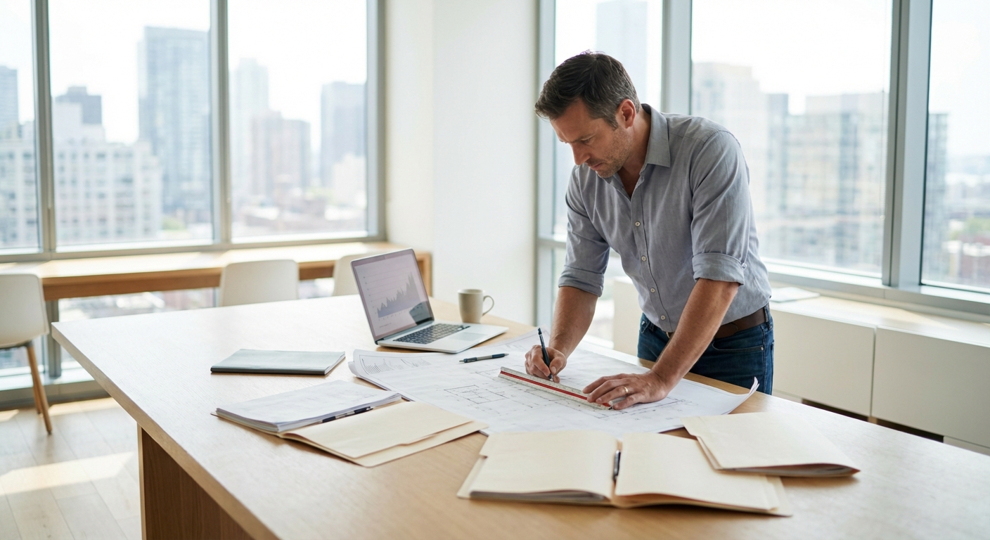 architect drafting blueprints office