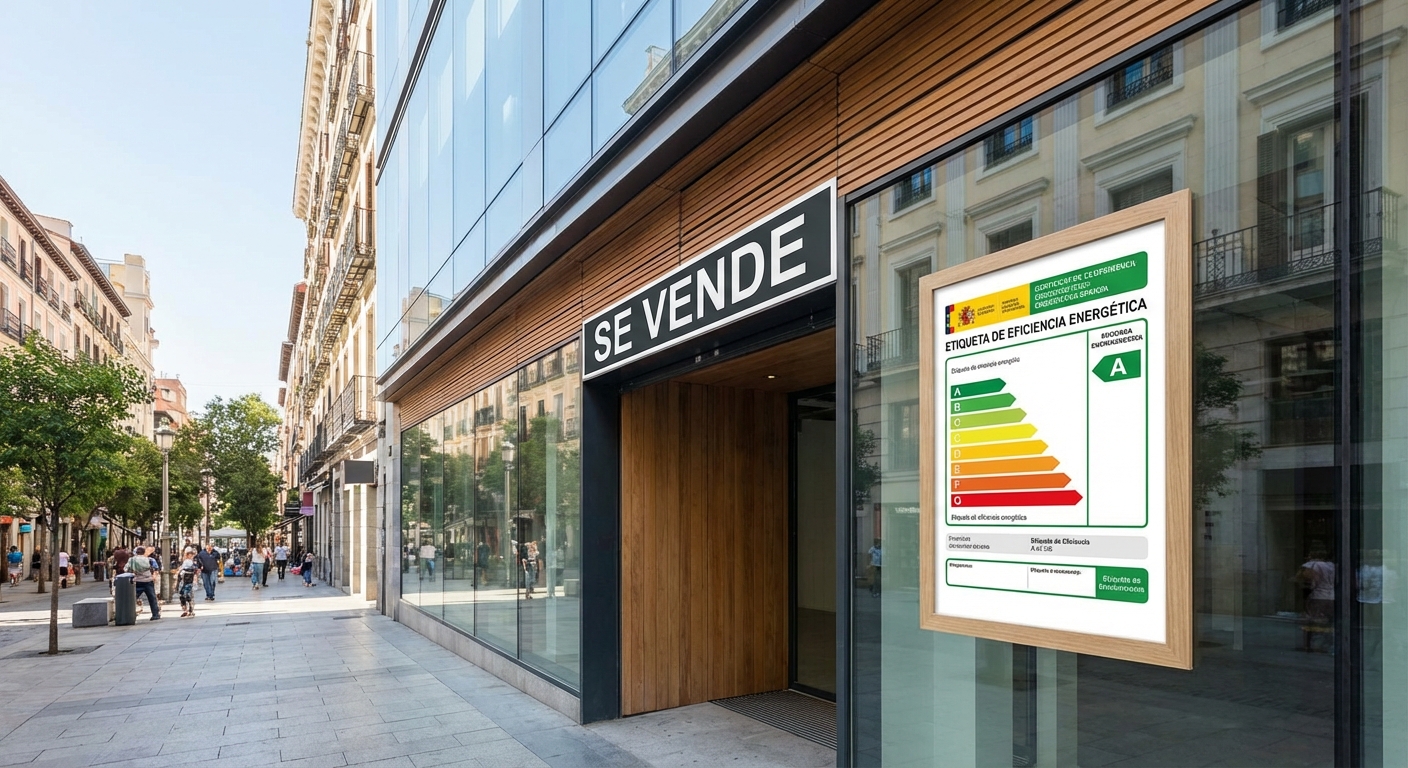 Madrid real estate commercial premise exterior with for sale sign