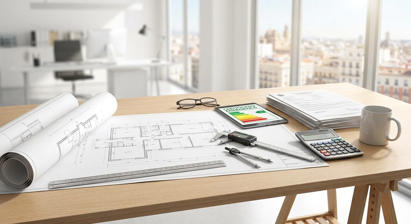 Architect blueprints on desk with measuring tools and calculator