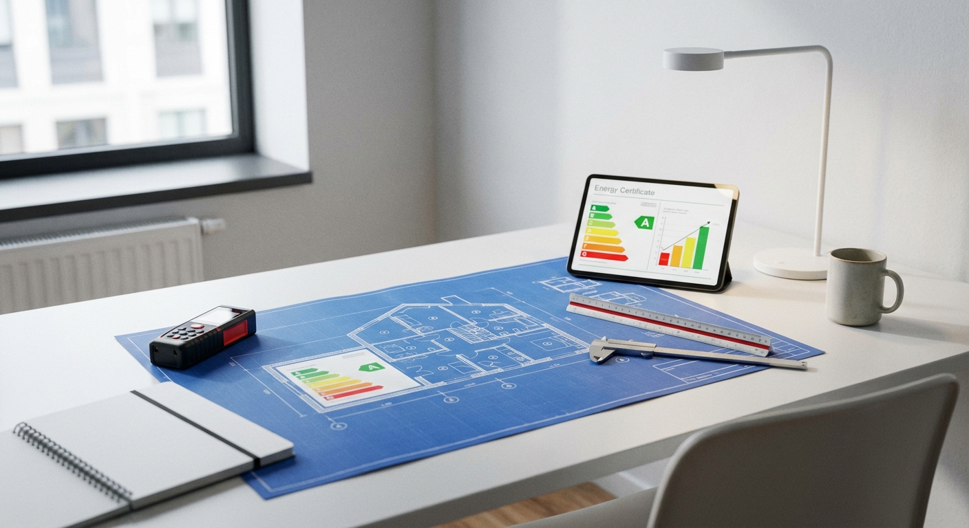 architect blueprints on table with measuring tools