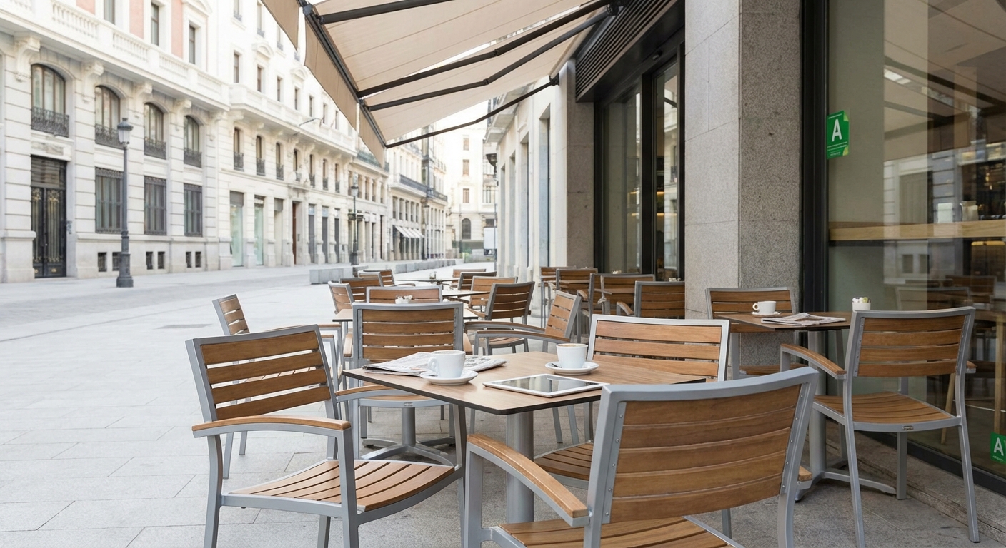 Madrid outdoor cafe terrace with tables and chairs in the morning